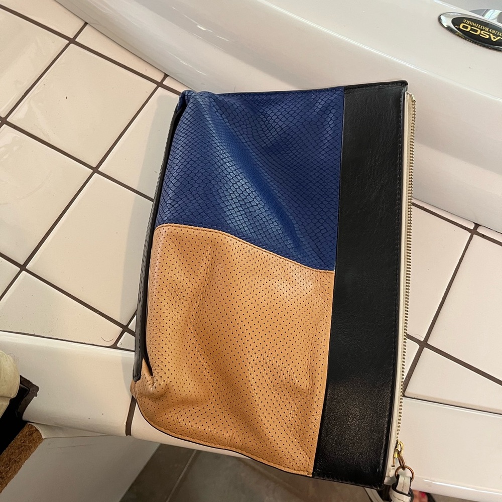 Stylish Blue and Tan Clutch Bag